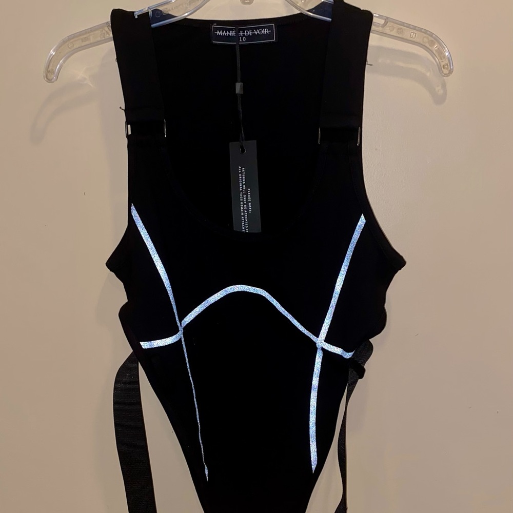 Black reflective bodysuit with belt
